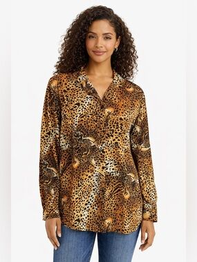 Vintage 90s Leopard Print Blouse Oversized Animal Print Button Up Retro Top